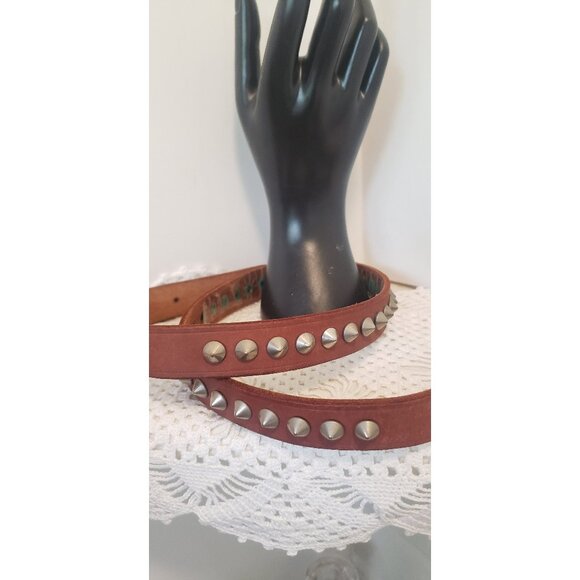 Brown Skinny Leather Vintage Belt with Studs Accent Belt - Picture 1 of 10